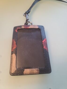 Coach Black Card ID Holder with Red Floral Accent